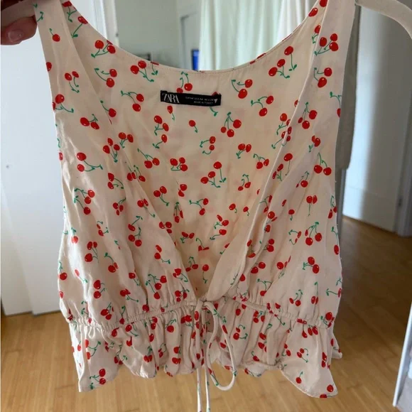 Zara Satin Effect Cherry Print Crop Camisole - Cream and Red - Picture 4 of 5